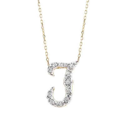 Initial "T" Pendant with Diamonds 0.11 carats, 14K White and Yellow Gold, 18" Chain