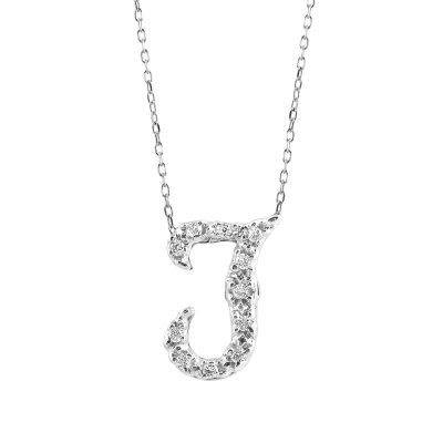 Initial "T" Pendant with Diamonds 0.11 carats, 14K White Gold, 18" Chain