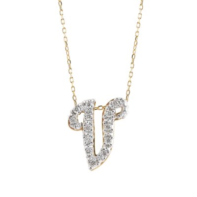 Initial "V" Pendant with Diamonds 0.13 carats, 14K White and Yellow Gold, 18" Chain