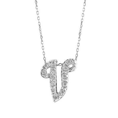 Initial "V" Pendant with Diamonds 0.13 carats, 14K White Gold, 18" Chain