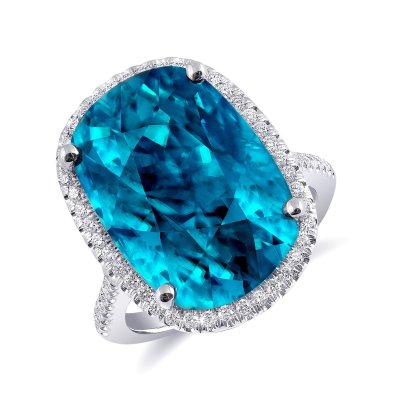 Natural Blue Zircon 26.88 carats set in 14K White Gold Ring with 0.41 carats Diamonds 