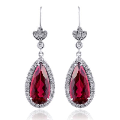 Natural Fire Engine Red Rubellites 5.67 carats set in 18K White Gold Earrings with 0.44 carats Diamonds 